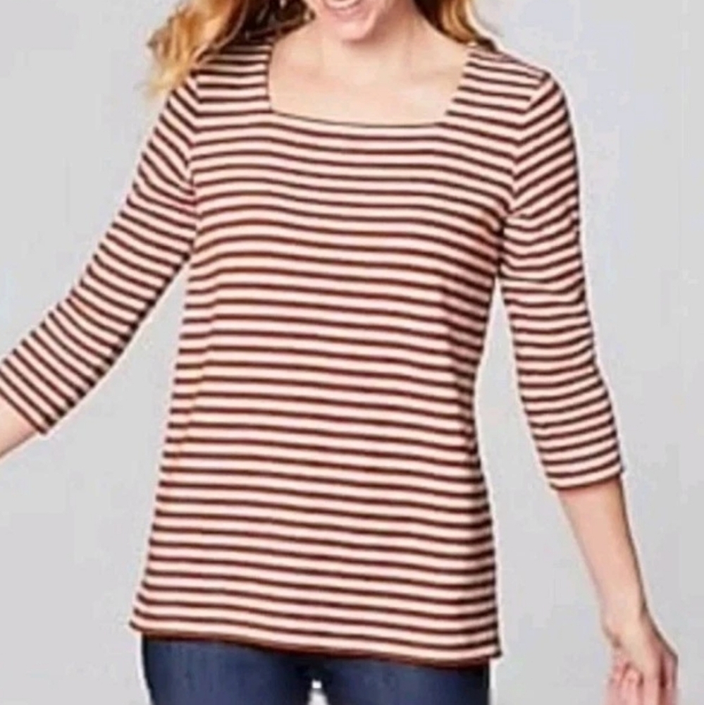 J.Jill Women's Henna and Cream Striped Square Neck 3/4 Sleeve Blouse M